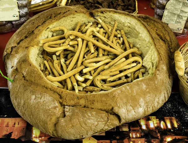 Bread and other baked goods on show food festival in Italy.