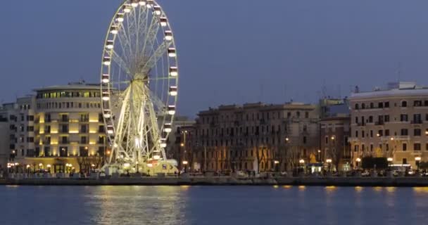 Panoramic Night View Illuminated Giant Ferris Wheel Waterfront Bari Region — Stock Video