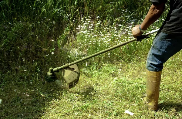 Hombre Cortando Hierba Segadora Cerca — Foto de Stock