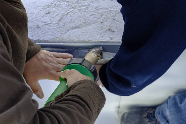 Worker Heat Gun Welding Pvc Sheets Waterproofing Terrace Selective Focus — Stock Photo, Image