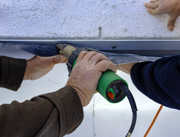 Worker Heat Gun Welding Pvc Sheets Waterproofing Terrace Selective Focus — Stock Photo, Image