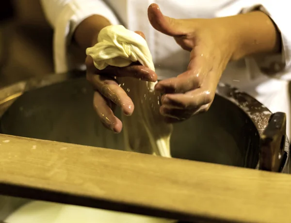 Worker Cheese Factory Producing Mozzarella Selective Focus — Stock Photo, Image