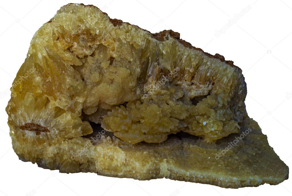 Macro mineral stone yellow Calcite on a white background close up