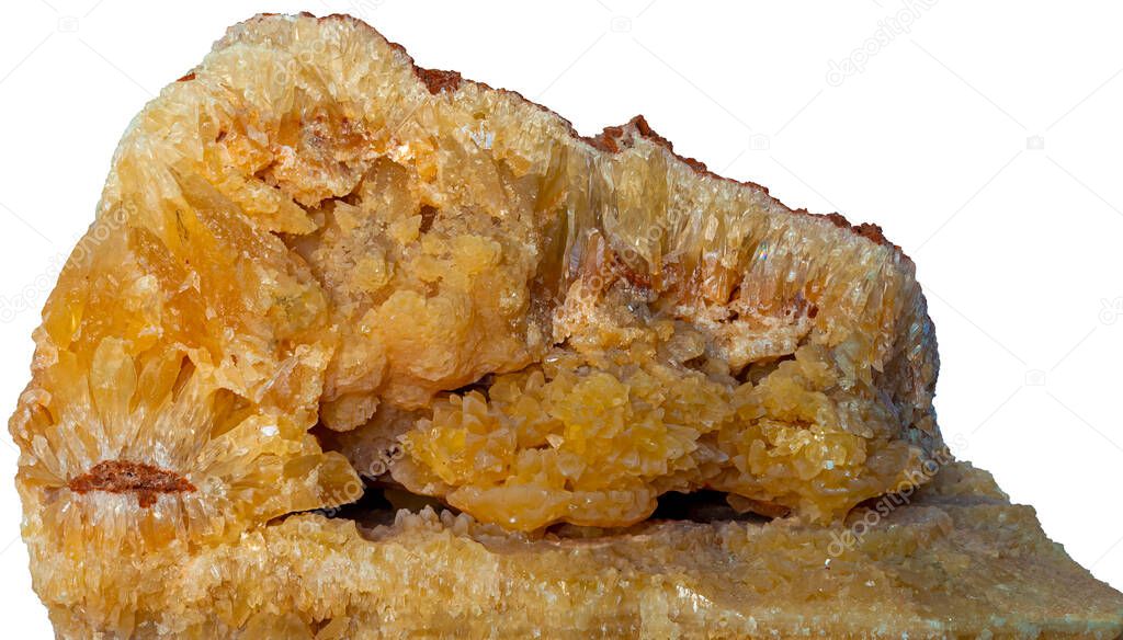 Ore Calcite orange on white background,Calcite is a carbonate mineral and the most stable polymorph of calcium carbonate (CaCO3). The other polymorphs are the minerals aragonite and vaterite.