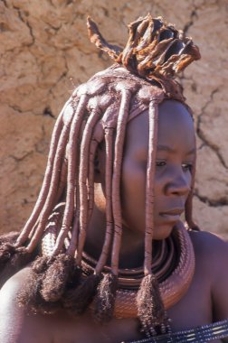 May 15, 2005. geleneksel saç modeli, kolye ve tipik hardal renkli deri ile belirsiz bir Himba kadın portresi. Epupa Falls, Kaokoland veya il Kunene, Namibia, Afric