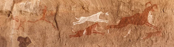 Prehistoryczne Petroglify Rock Art Akakus Tadrart Góry Sahara Libia — Zdjęcie stockowe