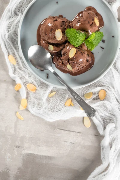 Piatto Gelato Cioccolato Con Fette Mandorla Foglie Menta — Foto Stock