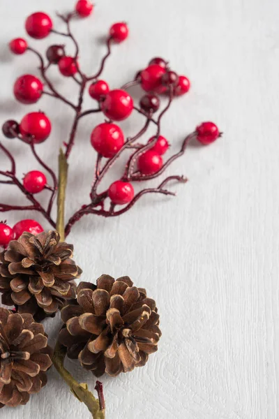 Beyaz üzerine kırmızı meyveler holly. Kırmızı Noel çerçeve süsler. Noel görüntüsü. Kopya alanı ile Üstten Görünüm.