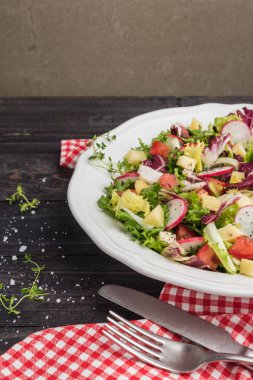 Karışık yeşillik, turp, peynir ve domates ahşap arka plan üzerine bir tabak içinde taze salata. İtalyan Akdeniz veya Yunan mutfağı. Vejetaryen vegan gıda