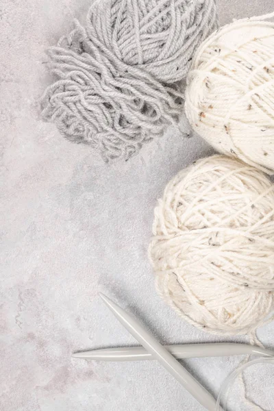 Balls Wool Soft Yarn Needles Knit Copy Space Text — Stock Photo, Image