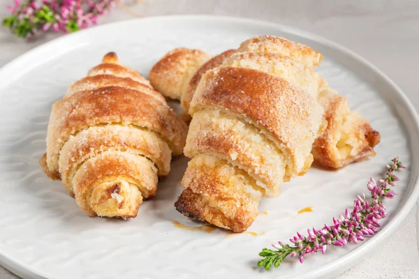 Lezzetli tereyağı kruvasan plakaları, yakın çekim, seçici odak, sığ derinlik-in tarla. Lezzetli pasta. Geleneksel kahvaltı. Sabah tatlı. Ev yapımı meze. Kahvaltı konsepti