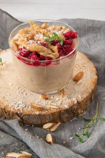 Breakfast Oatmeal Porridge Raspberries Almond Cinnamon Almond Butter Coconut Healthy — Stock Photo, Image