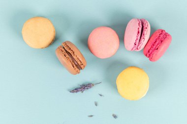 Turkuaz arka planda pasta ya da badem kurabiyeleri, pastel renkler, eski kartlar, üst görünüm.