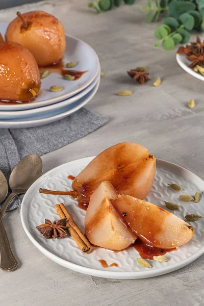 Poached Pears Delicious Home Made Recipe Light Kitchen Countertop — Stock Photo, Image