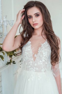 sağlıklı uzun saçlı. Uzun dalgalı saç modeli ve profesyonel makyaj güzel esmer gelin kız. Kapalı portre.