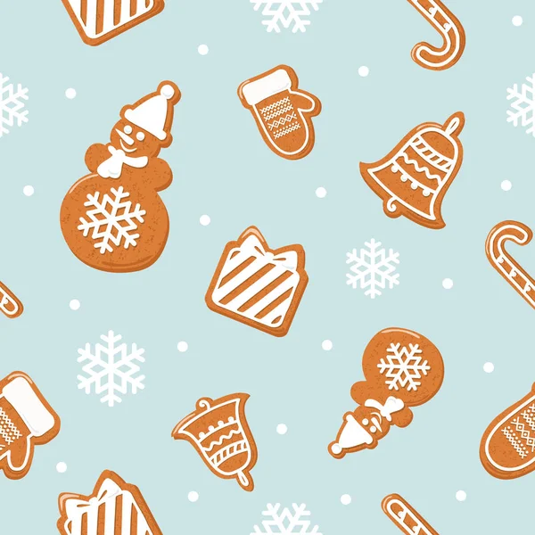 Weihnachten nahtlose Muster. verschiedene Lebkuchen auf pastellblau. — Stockvektor