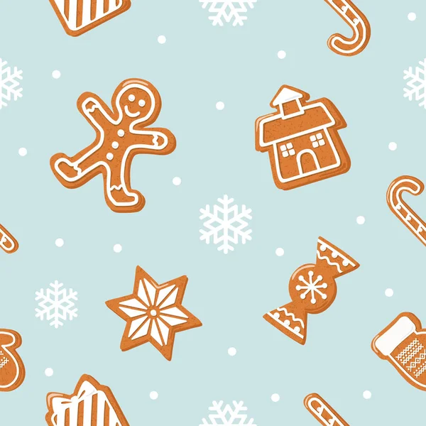 Fondo sin costuras de Navidad. Pan de jengibre hombre, casa, dulces en azul pastel . — Vector de stock