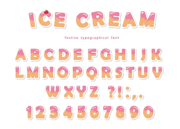 Ice cream font. Cute wafer letters and numbers can be used for birthday card, baby shower, Valentines day, sweets shop, girls magazine, collages. Isolated. — Stock Vector