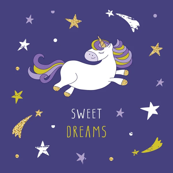 Cartoon unicorn på natthimlen med glitter. — Stock vektor