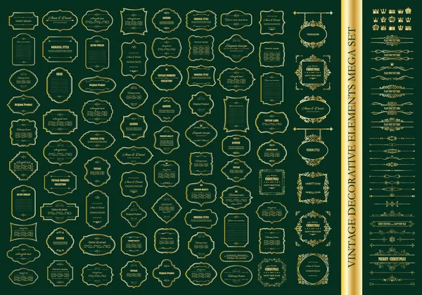 Золотые рамки мега-комплекта. Элементы каллиграфического дизайна. Разделители. Вывески. Метки. Короны . — стоковый вектор