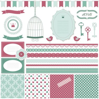 Romantik scrapbook tasarım öğeleri kümesi. Arka planlar, kartları ve vintage siluetleri.
