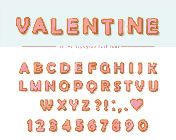 Cookie hand drawn decorative font. Cartoon sweet ABC letters and numbers. Perfect for Valentine s day cards, cute design for girls. — Stock Vector