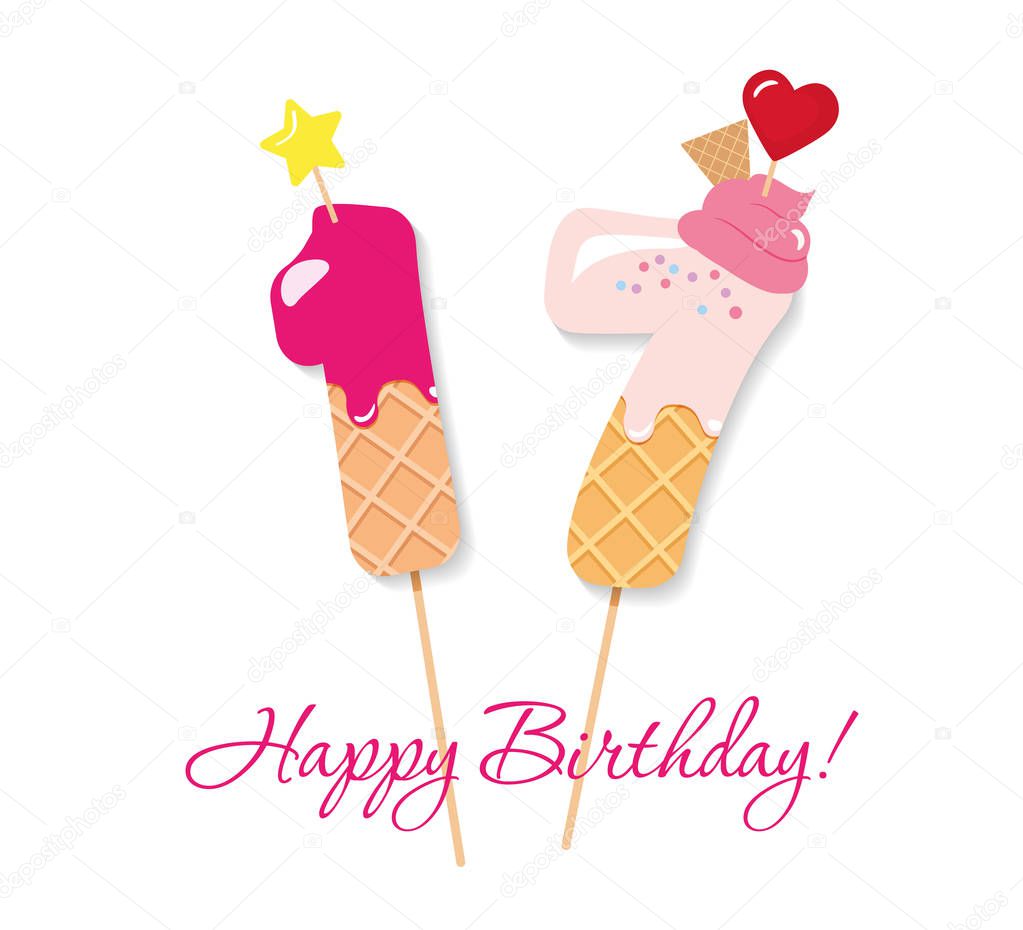Happy Birthday card. Festive sweet numbers 17. Coctail straws. Funny decorative characters. Vector