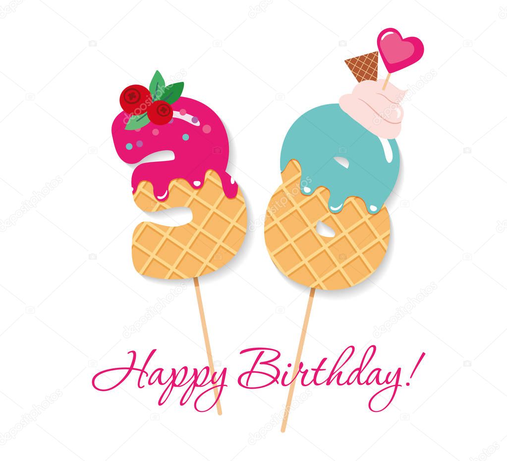 Happy Birthday card. Festive sweet numbers 38. Coctail straws. Funny decorative characters. Vector illustration