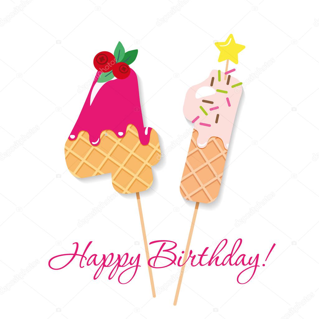 Happy Birthday card. Festive sweet numbers 41. Coctail straws. Funny decorative characters. Vector illustration