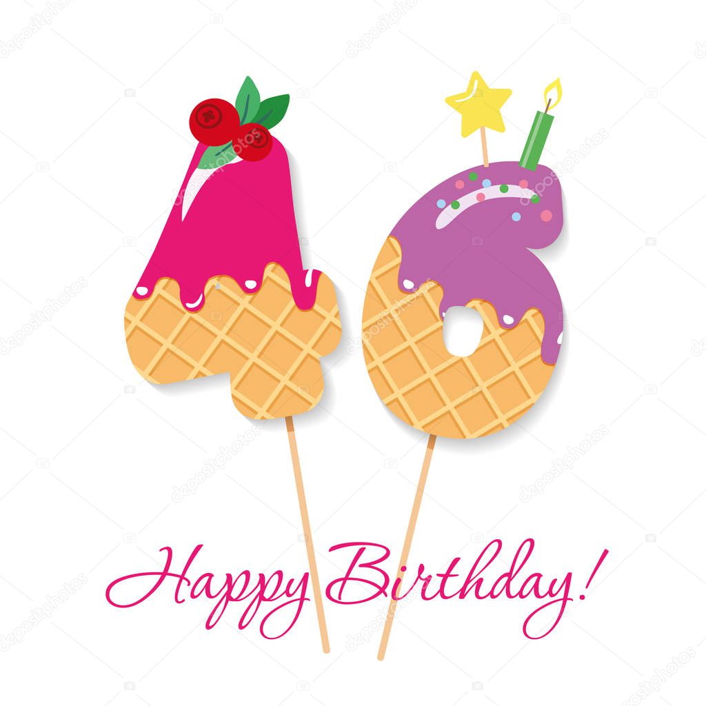 Happy Birthday card. Festive sweet numbers 46. Coctail straws. Funny decorative characters. Vector illustration