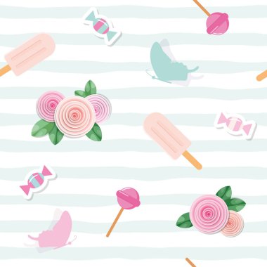 Çiçek ve tatlılar pastel pembe ve mavi ile şenlikli sorunsuz pattent. Düğün, doğum, bebek duş tasarım için. Vektör