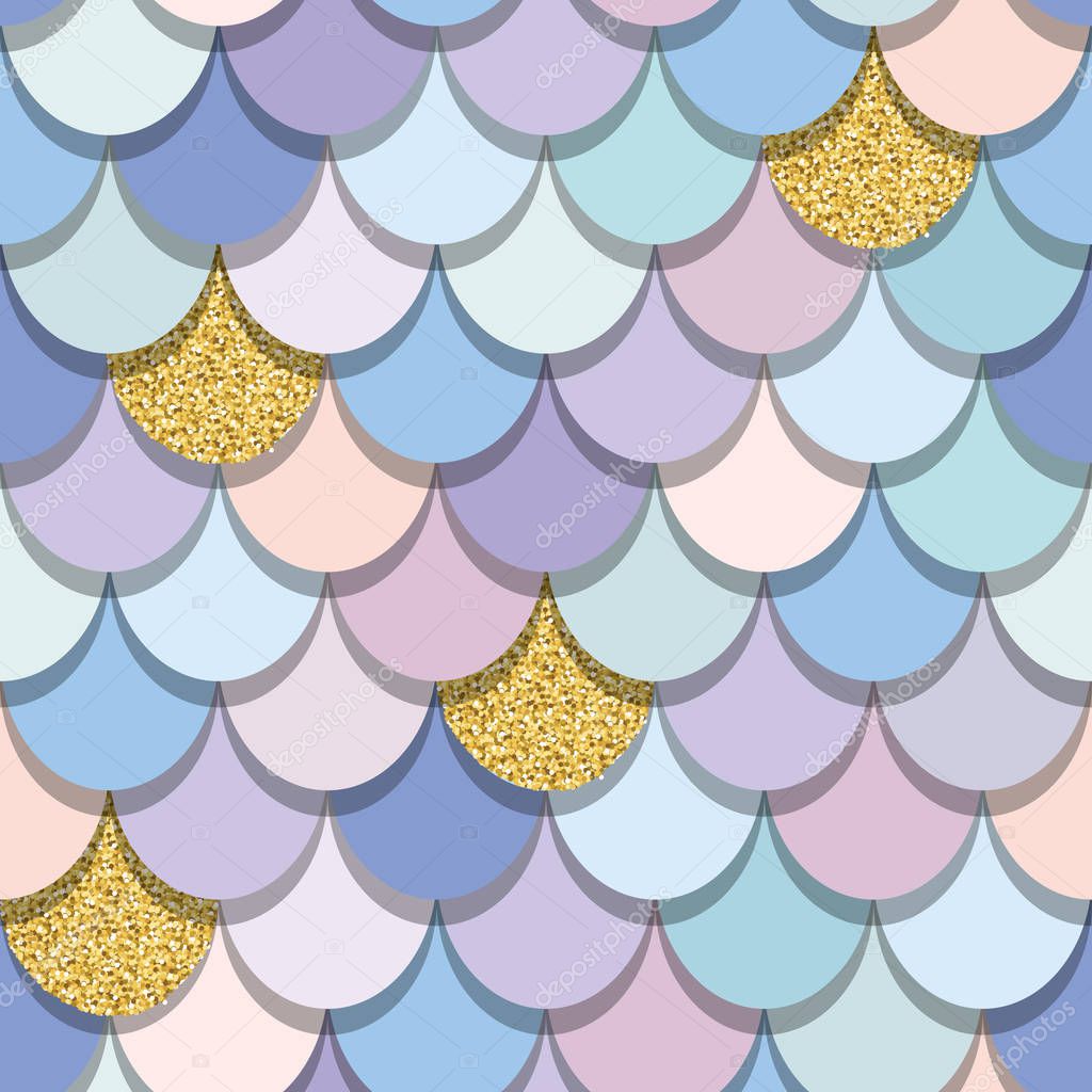 Mermaid tail seamless pattern with gold glitter elements. Colorful fish skin background. Trendy pastel pink and purple colors. For print and web. Vector