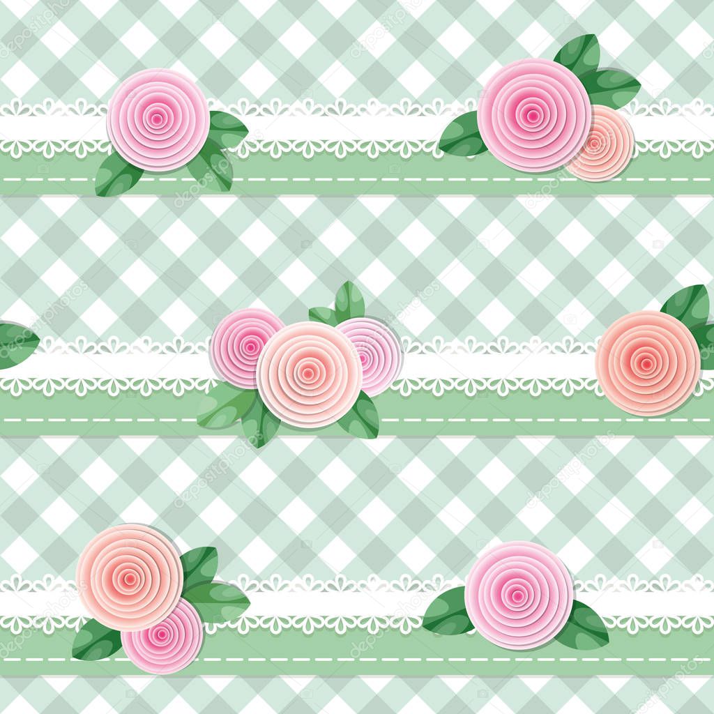 Plaid textile seamless pattern background, decorated with lace and roses. Girly. Vector illustration