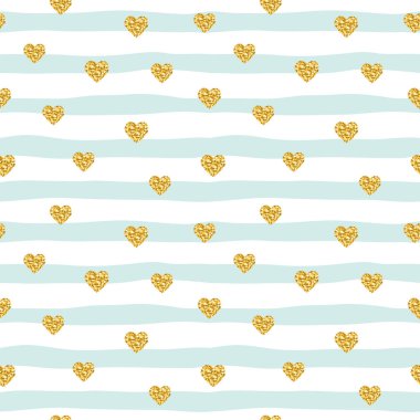 Modern desen çizgili arka plan üzerinde glitter konfeti yürekleri. Altın ve pastel mavi moda renkleri. Doğum günü, moda ve tasarım düğün için. Raster Kopyala.