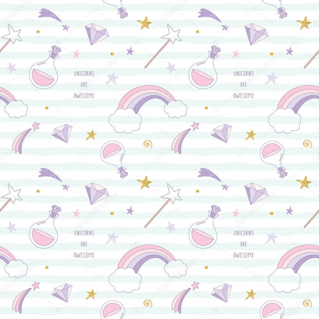 Unicorn magic pattern background with rainbow, stars, comets and diamonds. For print and web. Raster