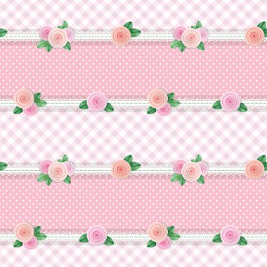 Shabby chic textile pattern background. Girly. Different fabric pieces collage, decorated with lace and roses. Raster copy clipart