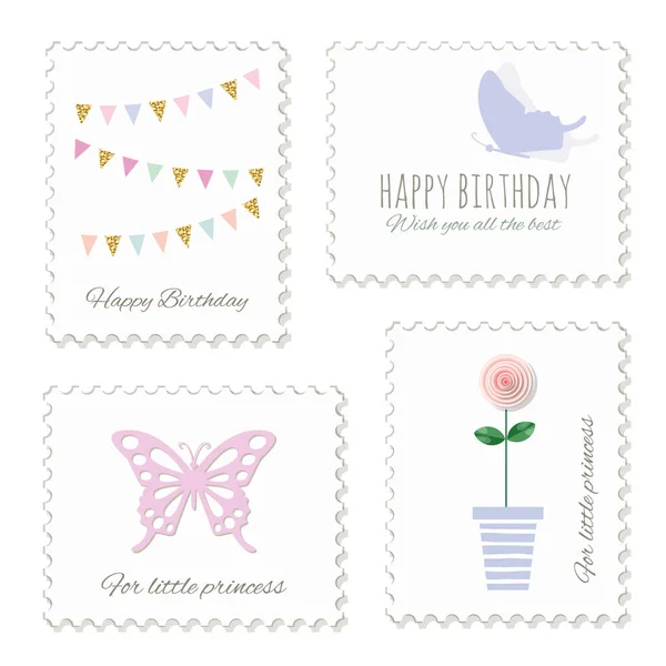 Lindos Sellos Postales Para Cumpleaños Diseño Álbumes Recortes Pegatinas Decorativas — Vector de stock