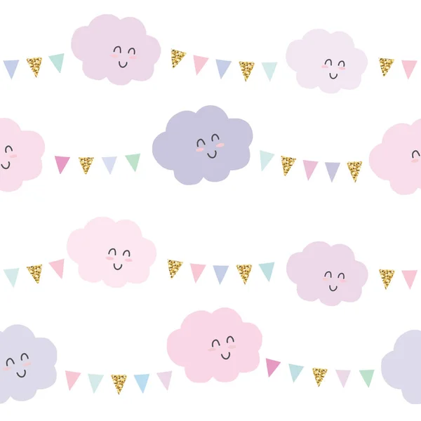 Kawaii Wolken und Girlanden nahtlose Muster Hintergrund in Pastellrosa und Glitzern. Niedliche Zeichentrickfiguren. — Stockvektor