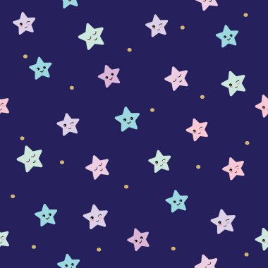 Çizgi film kawaii yıldız ile şirin Dikişsiz desen arka plan. Çocuk giyim, pijama tasarım için. Vektör