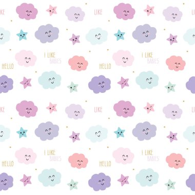 Çizgi film kawaii yıldız ve bulutlar ile şirin desen arka plan. Çocuk giyim, pijama, bebek duş tasarım için. Raster