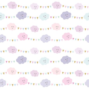 Kawaii bulutlar ve kiraz kuşu bayrakları pastel pembe arka planda ve glitter desen. Sevimli çizgi film karakterleri. Raster