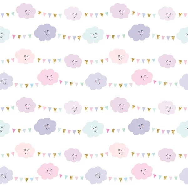 Kawaii clouds and bunting flags pattern background in pastel pink and glitter. Cute cartoon characters. Raster