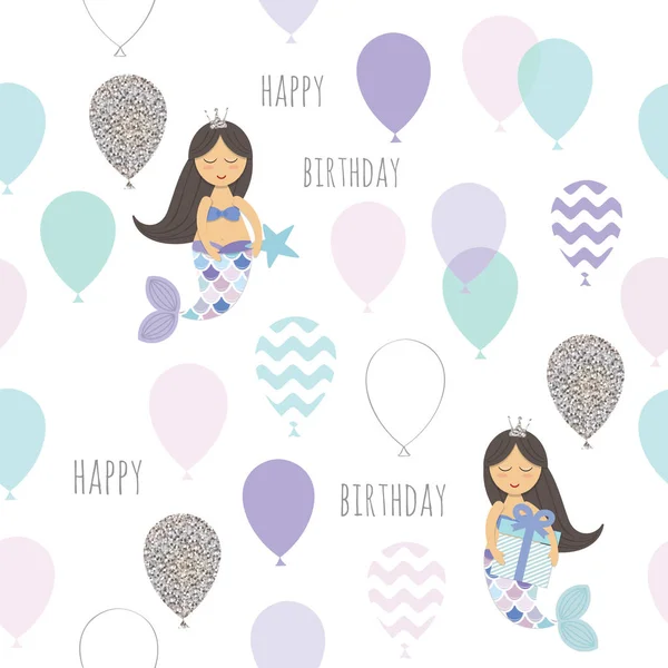 Mermaid Birthday Seamless Pattern Background Cute Cartoon Characters Vector Illustration — Stock Vector