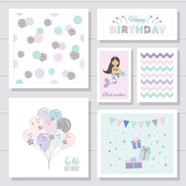 Leuke verjaardagskaarten instellen voor meisjes. Met glitter elementen. Zeemeermin en ballonnen tekenfilm personages. Polka dots naadloze patroon. — Stockvector