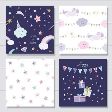 Tek boynuzlu at ve yıldız Dikişsiz desen ve şablonları kümesi karikatür. Çocuk giyim, pijama, Doğum günü veya bebek duş tasarım için.