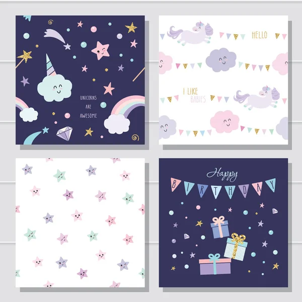 Unicorn and stars cartoon seamless patterns and templates set. For kids clothes, pajamas, birthday or baby shower design. — Stockvector