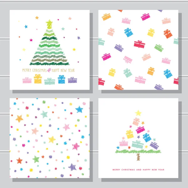 Noel ve yeni yıl yaratıcı kartı şablonları ve seamless modeli ayarlayın. Çocuklar renk kalem çizim. — Stok Vektör