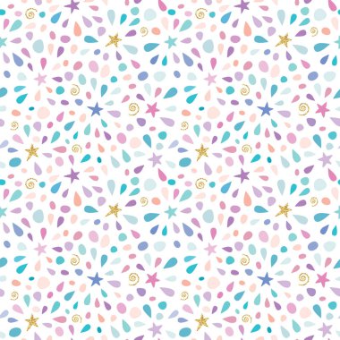 Glitter konfeti, yıldız ve su sıçramalarına şenlikli desenle. Doğum günü kutlaması için. Raster illüstrasyon