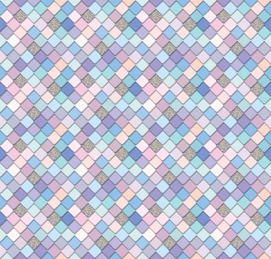 Trendy fresk mozaik pastel pembe ve mor parlak elemanları ile arka planda. Paket kağıdı, mobil kapak tasarımı için mükemmel. Raster
