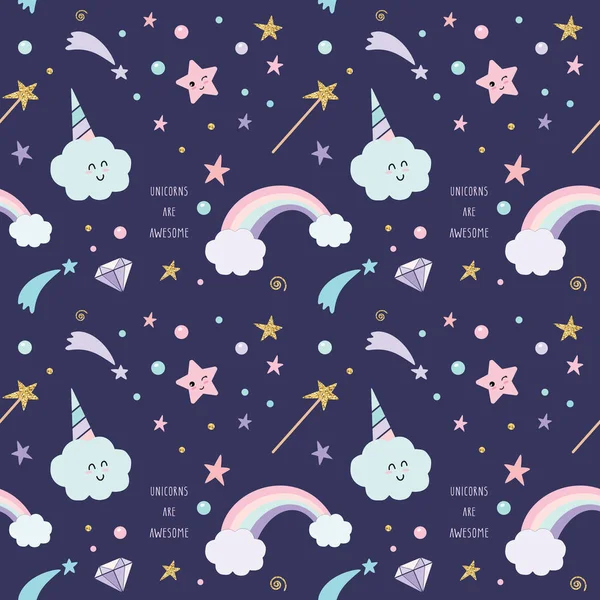 Unicorn magic pattern background with rainbow, stars and diamonds. Raster